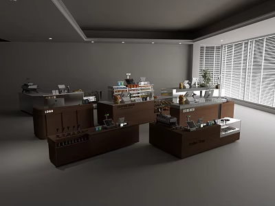 Modern Reception Desk With Dark Wooden Counter Equipment Large Window And Potted Plant 3d model