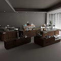 Modern Reception Desk With Dark Wooden Counter Equipment Large Window And Potted Plant