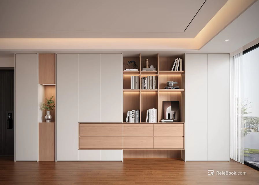 Modern Display Cabinet Design With Open Shelves White Wooden Panels And Decorations 3d model 