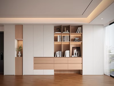 Modern Display Cabinet Design With Open Shelves White Wooden Panels And Decorations 3d model