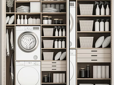 Organized Laundry Room Storage Shelving Unit With Washing Machine Bottles And Baskets 3d model