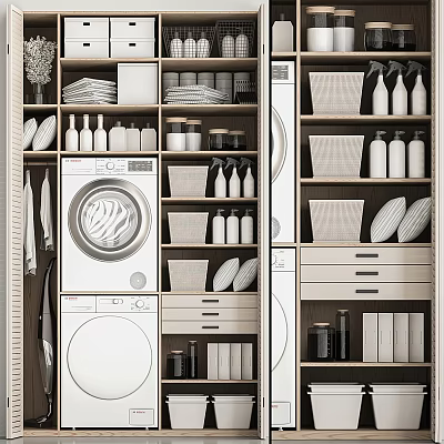 Organized Laundry Room Storage Shelving Unit With Washing Machine Bottles And Baskets 3d model