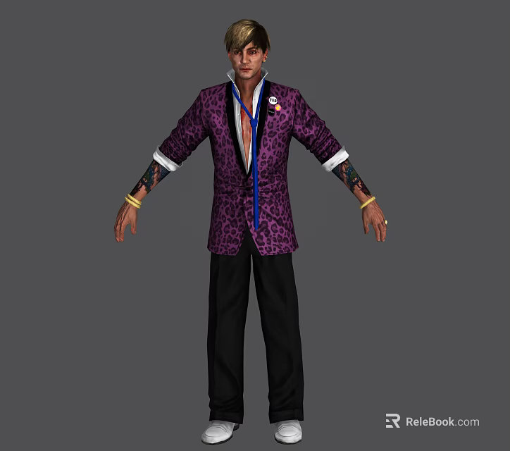 Man In Purple Leopard Print Suit With White Shirt Blue Tie And Arm Tattoos 3d model 
