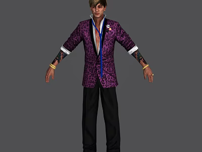 Man In Purple Leopard Print Suit With White Shirt Blue Tie And Arm Tattoos 3d model