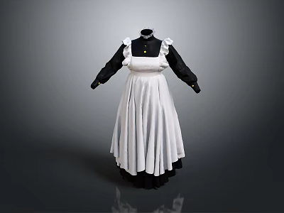 Maid Style Dress Featuring Black Long Sleeves White Apron and Ruffled Collar Details 3d model