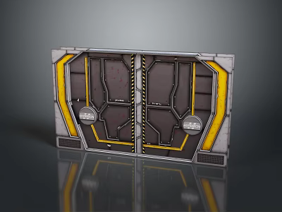 Industrial Style Double Door With Yellow Trim And Circular Control Panels Design 3d model