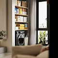Home Balcony With Washing Machine Storage Shelves Boxes Cleaning Detergents Folded Towels And Green Plants