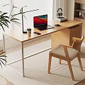 Light Wood Desk With Laptop Desk Lamp Coffee Cup Chair And Potted Plant