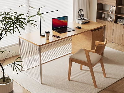 Light Wood Desk With Laptop Desk Lamp Coffee Cup Chair And Potted Plant 3d model