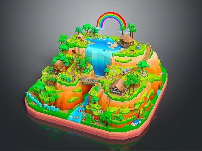 Vibrant Modern 3D Island Scene With Rainbow Waterfall Huts Palm Trees And River Bridge 3d model