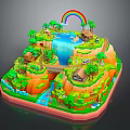 Vibrant Modern 3D Island Scene With Rainbow Waterfall Huts Palm Trees And River Bridge