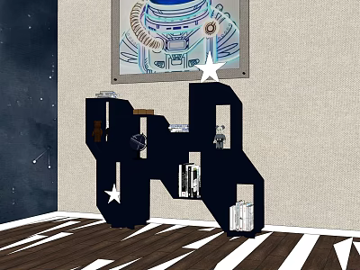 Unique Black Storage Shelf Unit With Books Decor And Star Accents In Room 3d model