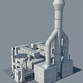 Industrial Equipment With Multiple Cabinets Connected Pipes And Tall Chimney Structure