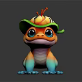 Colorful Lizard Game Movie Character With Big Blue Eyes Green Leaf And Yellow Flower Hat