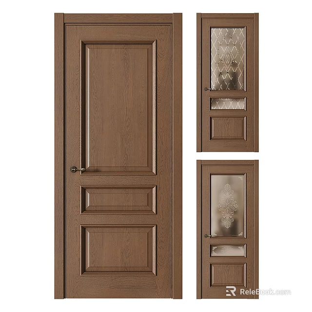 Wooden Hinged Doors Featuring Classic Panel Design And Decorative Glass Inserts 3d model