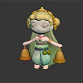 Elegant Doll Character With Closed Eyes Green Skirt Golden Headdress And Bells On Dark Background