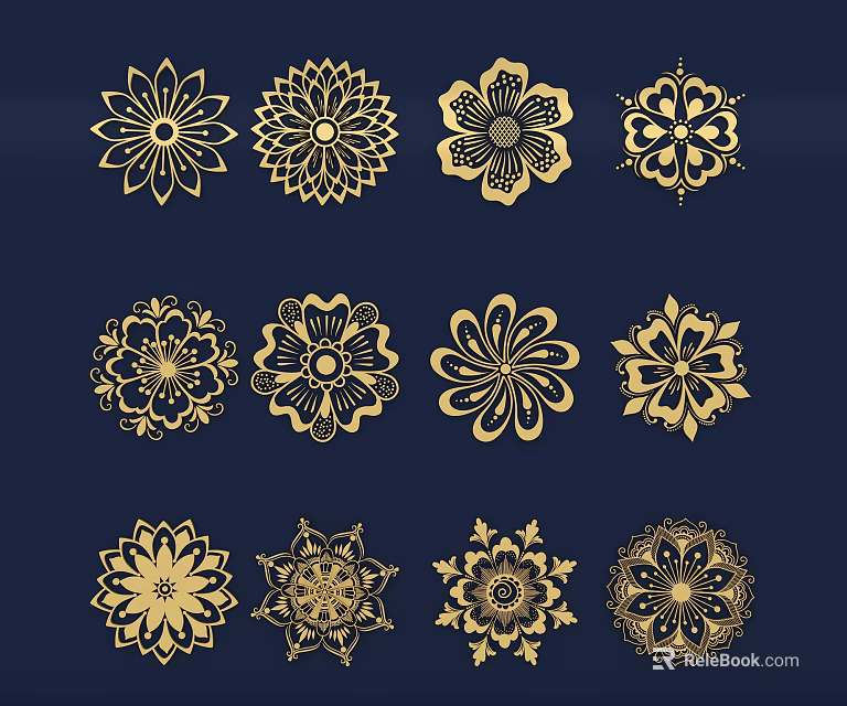 Golden Floral Wall Decor Set With Various Intricate Patterns For Home 3d model