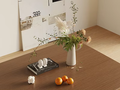 Stylish Decorative Ornament Set With Vase Flowers Book Small Sculptures And Oranges On Wooden Tabletop 3d model