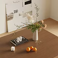 Stylish Decorative Ornament Set With Vase Flowers Book Small Sculptures And Oranges On Wooden Tabletop