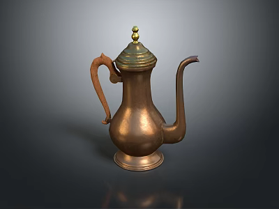 Classic Vintage Copper Teapot With Curved Handle And Golden Decorative Top 3d model