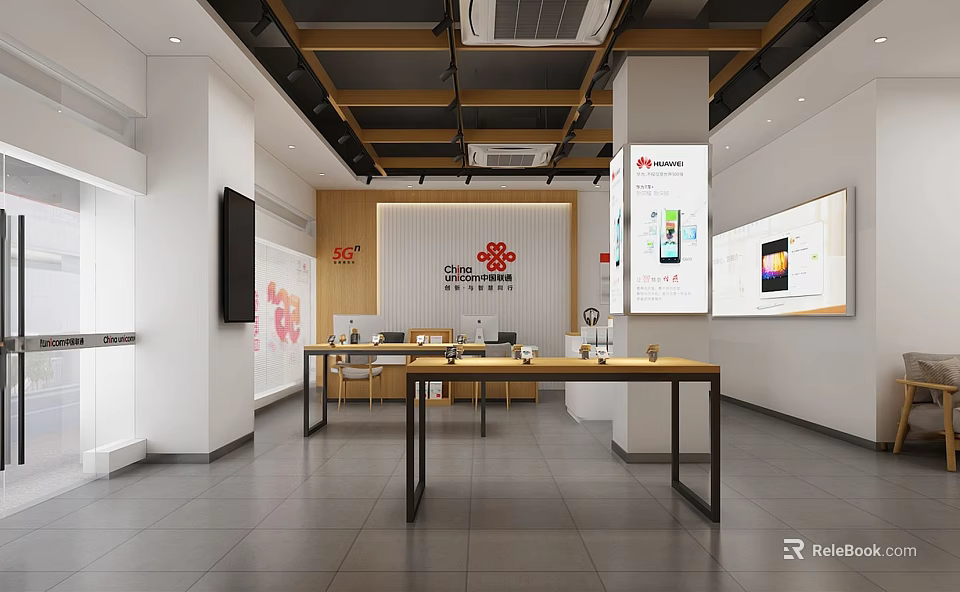 Modern Storefront Interior Design With Counter Wooden Ceiling Beams And Wall Signage 3d model 
