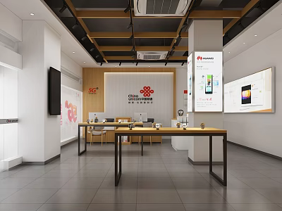 Modern Storefront Interior Design With Counter Wooden Ceiling Beams And Wall Signage 3d model