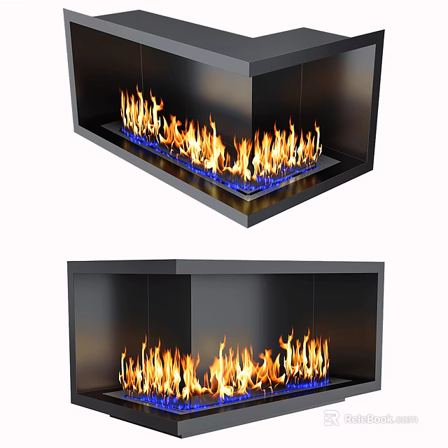 Modern Fireplace Design with Flaming Flames Black Frame and Blue Glass 3d model 