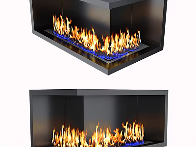 Modern Fireplace Design with Flaming Flames Black Frame and Blue Glass 3d model