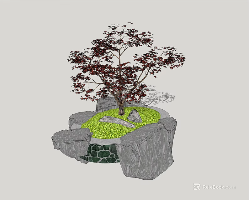 Red Leaf Decorative Arbor With Stones Green Grass And Mossy Base In Garden 3d model 