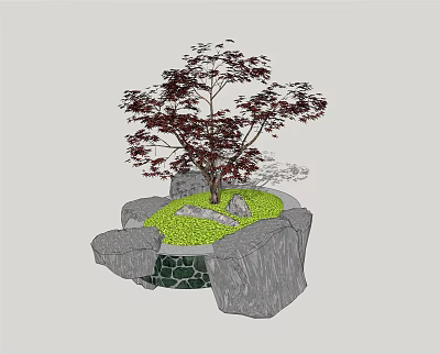 Red Leaf Decorative Arbor With Stones Green Grass And Mossy Base In Garden 3d model