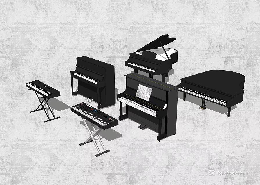 Various Musical Instruments Collection Featuring Upright Grand Pianos And Keyboards 3d model 