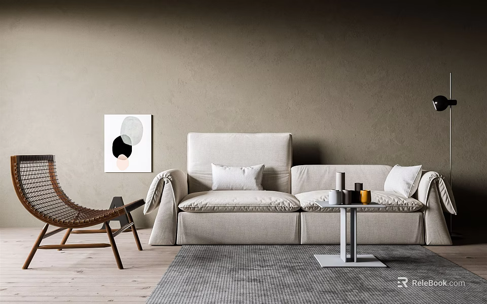 Beige Sofa And Coffee Table Set In Modern Living Room With White Cushions Rattan Chair 3d model 