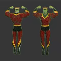 Two Muscular Characters in Red Black Yellow Costumes Flexing Muscles Front Back Views