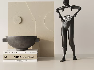 Modern Decorative Ornament Set With Human Shaped Sculpture Black Bowl And Silver Spheres 3d model