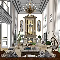 Elegant Duplex Living Room Interior With Chandelier Fireplace Sofas Coffee Table And Large Windows