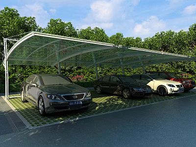 Green Covered Parking Lot With Transparent Canopy Parked Cars Grid Patterned Ground And Grass 3d model