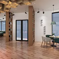 Modern Café Interior With Wooden Ceiling Pendant Lights Green Plants And Cozy Tables