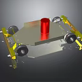 Mechanical Platform Device With Yellow Frame Red Cylinder And Rolling Wheels