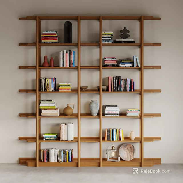 Stylish Home Interior Wooden Bookshelf With Books Vases And Decorative Items 3d model 
