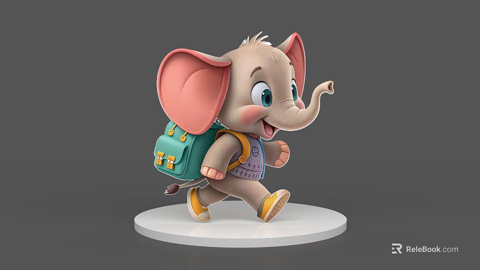 Cute Elephant 3D Model With Big Ears Green Backpack Purple Clothes Yellow Shoes Walking 3d model 