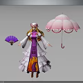 Female Character In Purple White Dress With Hat Purple Fan Pink Umbrella And Flame Patterns