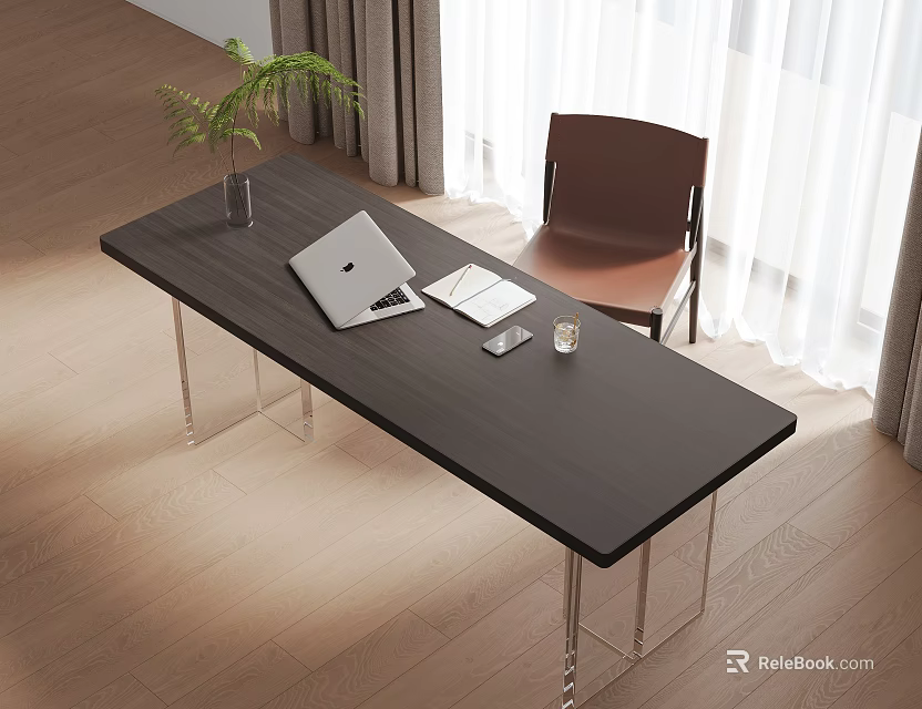 Modern Home Office Table And Chair Set With Laptop Notebook Phone And Green Plant 3d model 