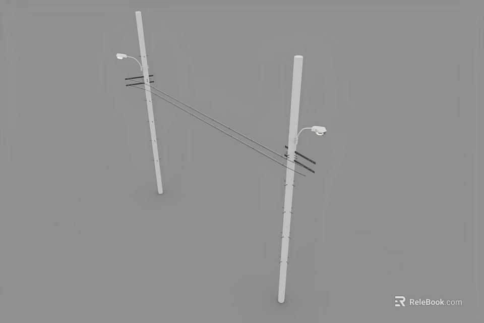Two White Road Lamp Posts With Street Lights And Power Lines Setup 3d model
