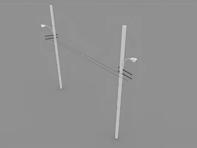 Two White Road Lamp Posts With Street Lights And Power Lines Setup 3d model