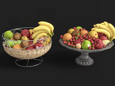 Ceramic Fruit Platter Filled With Bananas Apples Strawberries And Oranges 3d model