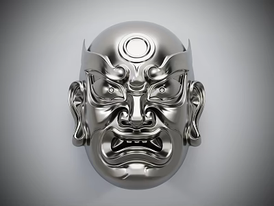 Silver Traditional Japanese Noh Mask With Intricate Carvings And Stern Expression 3d model