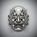 Silver Traditional Japanese Noh Mask With Intricate Carvings And Stern Expression