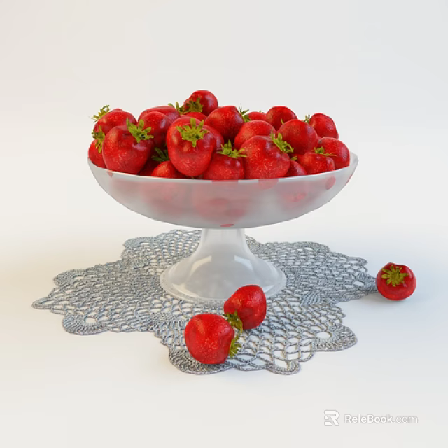 Fresh Ripe Strawberries in Glass Bowl on Lace Doily with Scattered Berries 3d model 