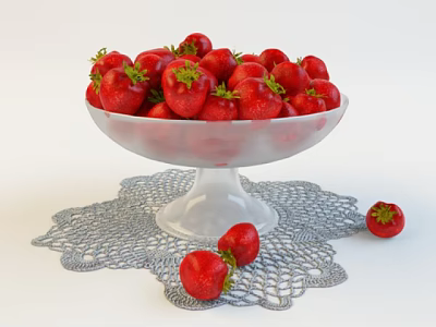 Fresh Ripe Strawberries in Glass Bowl on Lace Doily with Scattered Berries 3d model