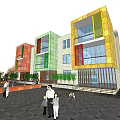 Modern Multi Story School Building Featuring Colorful Exterior Walls And Plaza With People Activities